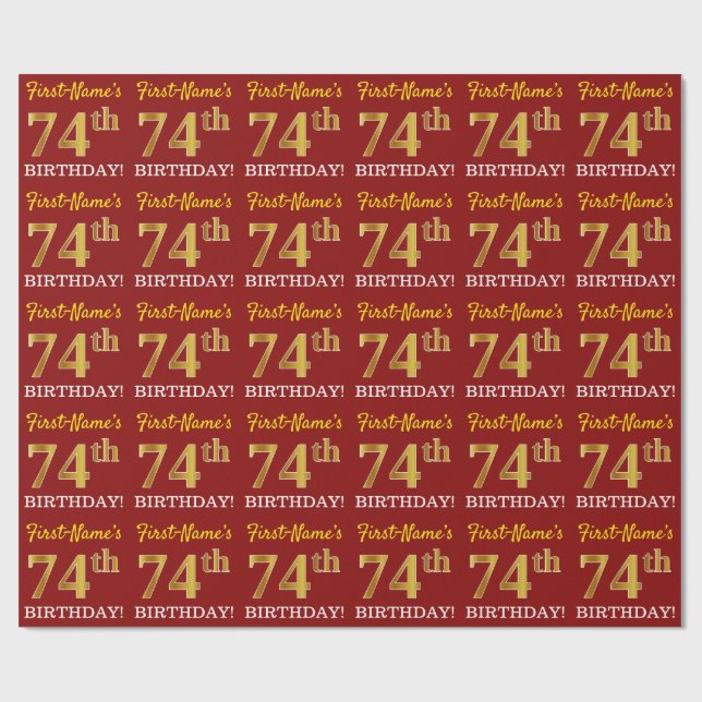 Red, Imitation Gold Look "74th BIRTHDAY" Wrapping Paper (Flat)