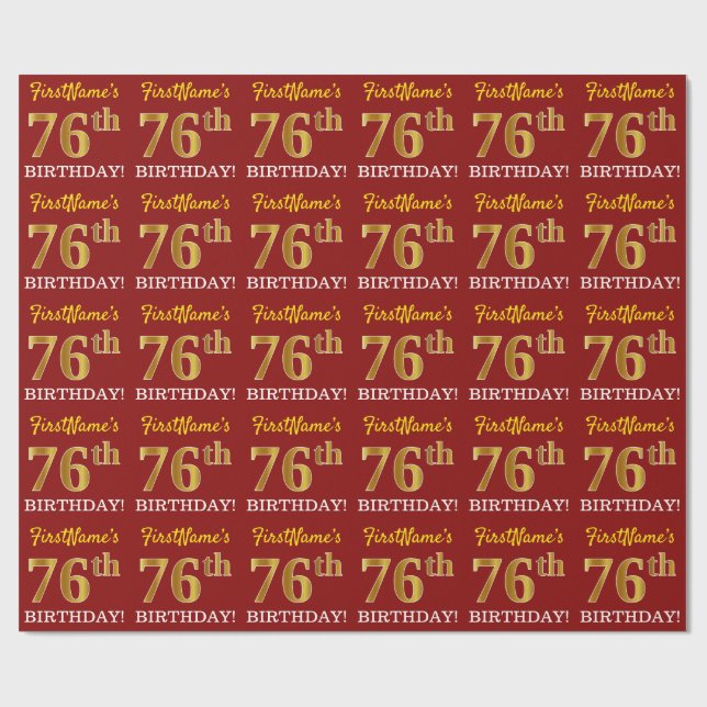 Red, Imitation Gold Look "76th BIRTHDAY" Wrapping Paper (Flat)