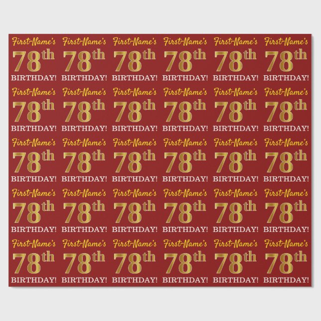 Red, Imitation Gold Look "78th BIRTHDAY" Wrapping Paper (Flat)