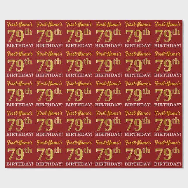 Red, Imitation Gold Look "79th BIRTHDAY" Wrapping Paper (Flat)