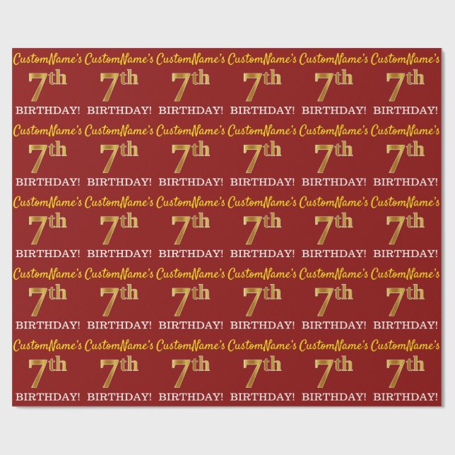 Red, Imitation Gold Look "7th BIRTHDAY" Wrapping Paper (Flat)