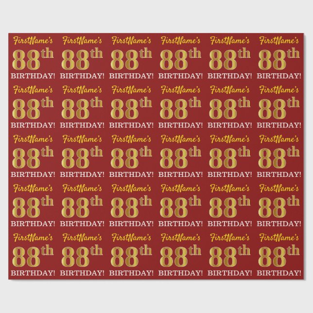 Red, Imitation Gold Look "88th BIRTHDAY" Wrapping Paper (Flat)