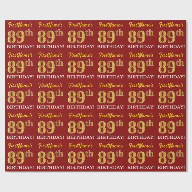 Red, Imitation Gold Look "89th BIRTHDAY" Wrapping Paper (Flat)