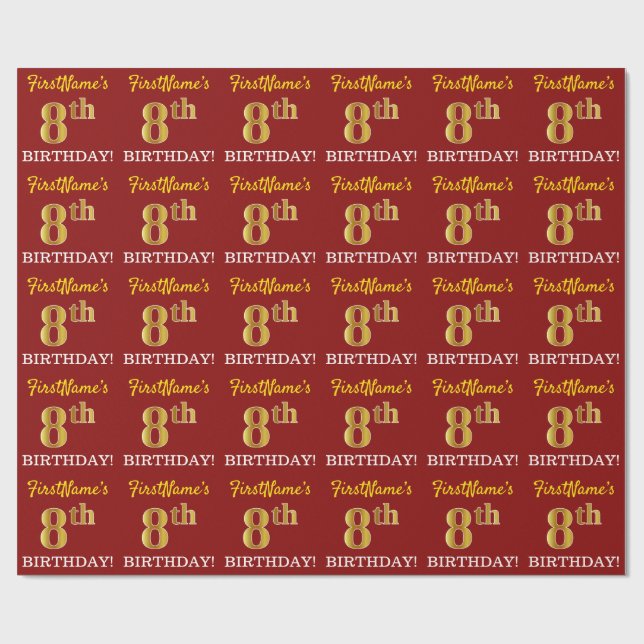 Red, Imitation Gold Look "8th BIRTHDAY" Wrapping Paper (Flat)