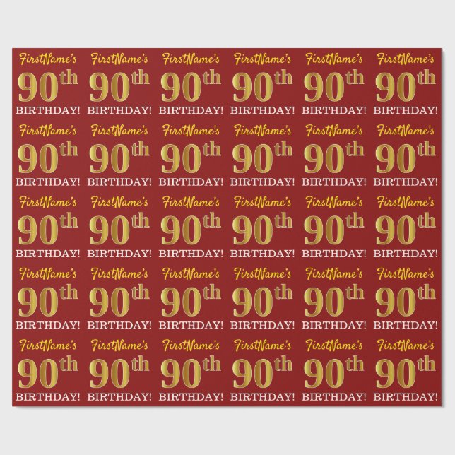 Red, Imitation Gold Look "90th BIRTHDAY" Wrapping Paper (Flat)
