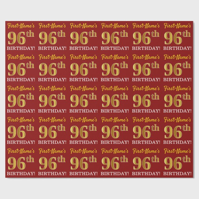 Red, Imitation Gold Look "96th BIRTHDAY" Wrapping Paper (Flat)