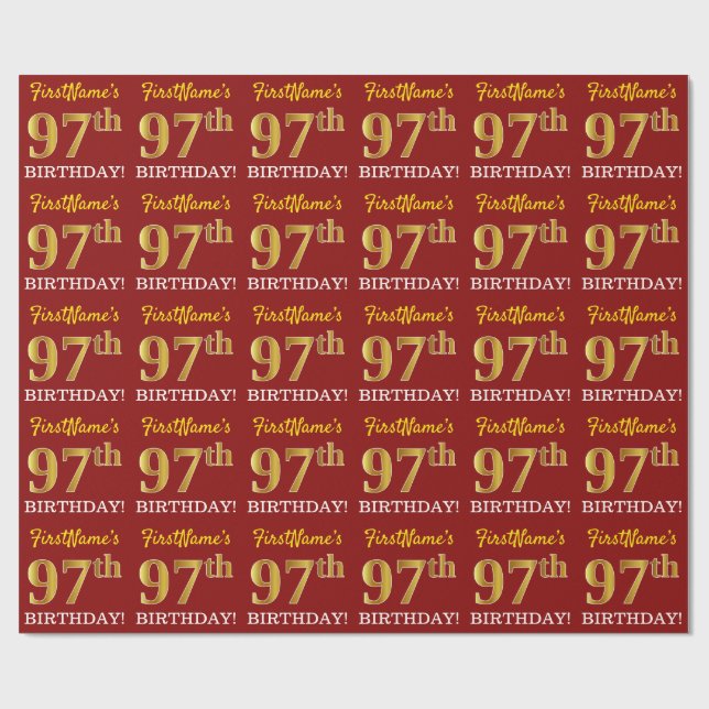 Red, Imitation Gold Look "97th BIRTHDAY" Wrapping Paper (Flat)