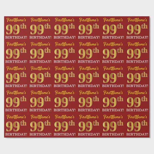 Red, Imitation Gold Look "99th BIRTHDAY" Wrapping Paper (Flat)