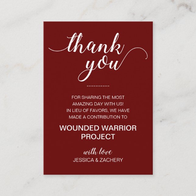 Red In Lieu Of Favors Charity Donation Wedding Place Card (Front)