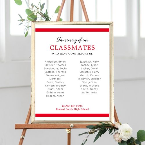 Red In Memory Of Our Classmates Reunion Memorial Poster