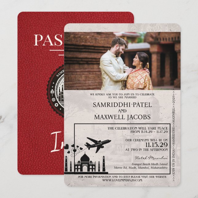 Red India Passport Wedding Invitation (Front/Back)