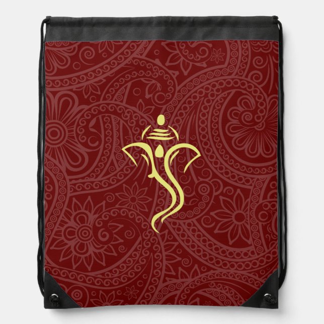 Red Indian Swirl & Ganesha Drawstring Bag (Front)