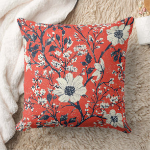 Red Indigo Folk Winter Floral Snow Pattern Throw Pillow