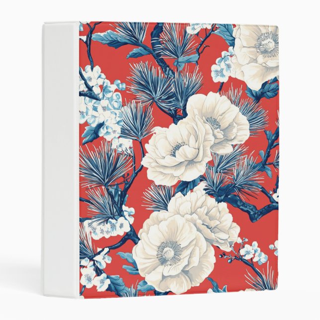 Red Indigo Peony Plum Blossom Pattern Mini Binder (Front/Spine)