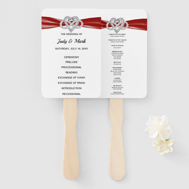 Red Infinity Heart Wedding Program Fans (Front and Back)