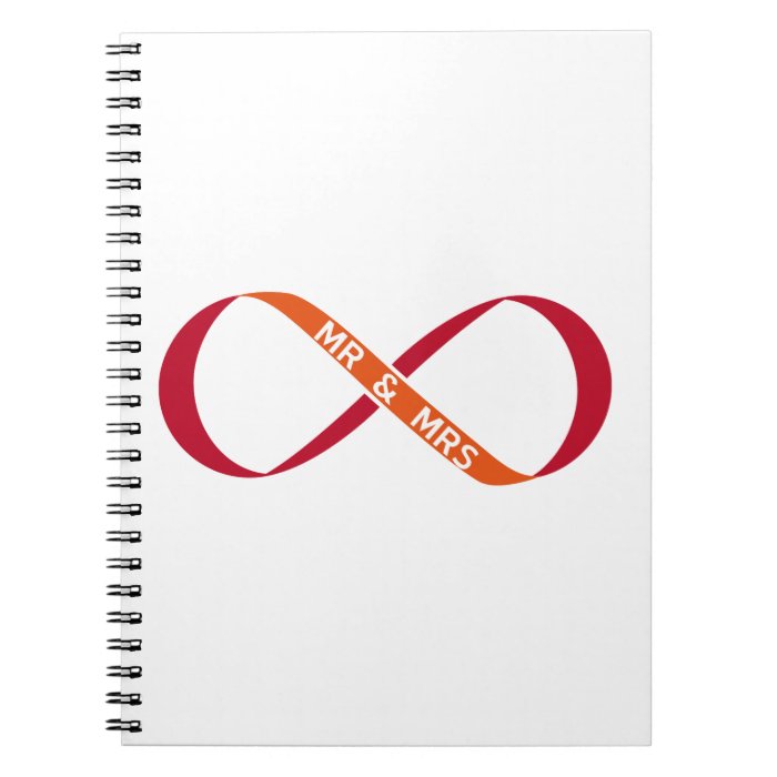 red infinity sign with text Mr & Mrs Notebooks