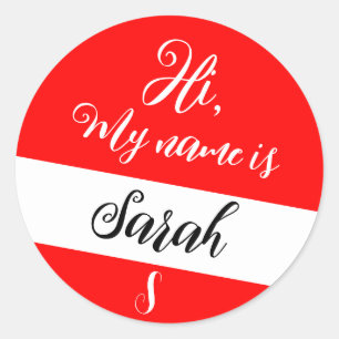 Red (Initial Letter & Name) Hi, My Name is Classic Round Sticker