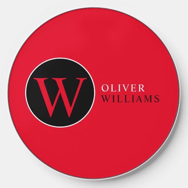  Red Initial W (editable) Circle Monogram Wireless Charger (Front)