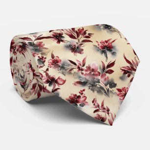 Red Ink Wash Floral Pattern Neck Tie