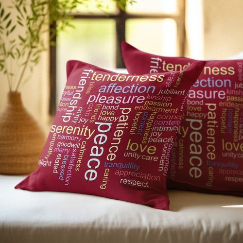 Red Inspirational Peace and Love Word Cloud Throw Pillow