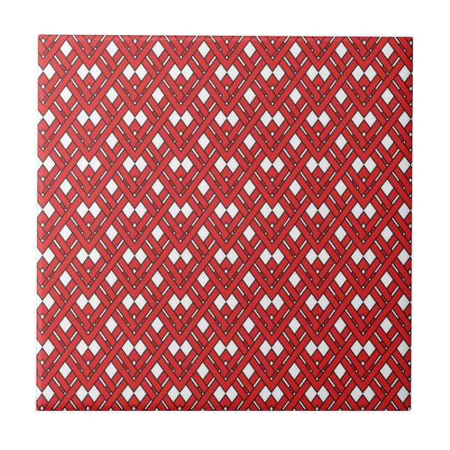 Red Interlocking Rhombuses Geometric Zig Zag Lines Ceramic Tile (Front)