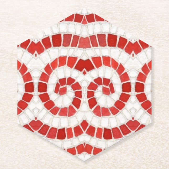 RED IONIC MOSAIC Pointed Hexagon Paper Coasters (Front)