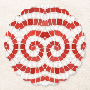 RED IONIC MOSAIC Scalloped Round Paper Coasters