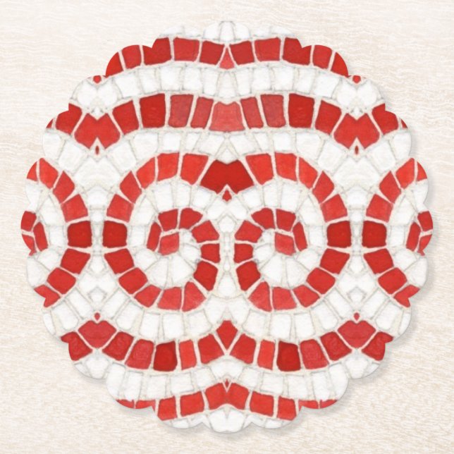 RED IONIC MOSAIC Scalloped Round Paper Coasters (Front)