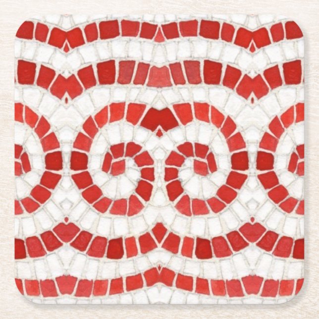 RED IONIC MOSAIC Square Paper Coasters (Front)