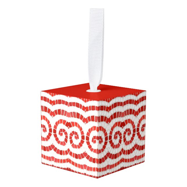 RED IONIC MOSAIC Wooden Cube Ornament (Front Angled)