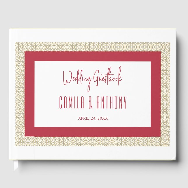 Red Islamic Geometric Border Wedding Guest Book (Front)