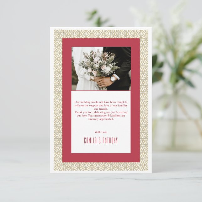 Red Islamic Geometric Border Wedding Thank You Card (Standing Front)