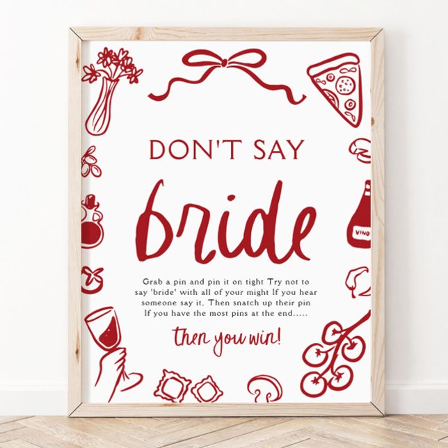 Red Italian Don't Say Bride Bridal Shower Game Poster (Red Italian Don't Say Bride Bridal Shower Game Sign)