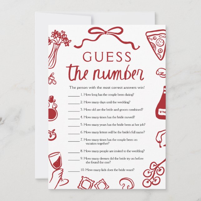Red Italian Guess the Number Bridal Shower Game Invitation (Front)