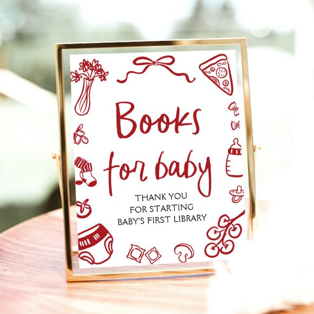 Red Italian Hand Drawn Baby Shower Books for Baby Poster (Red Italian Hand Drawn Baby Shower Books for Baby Sign)