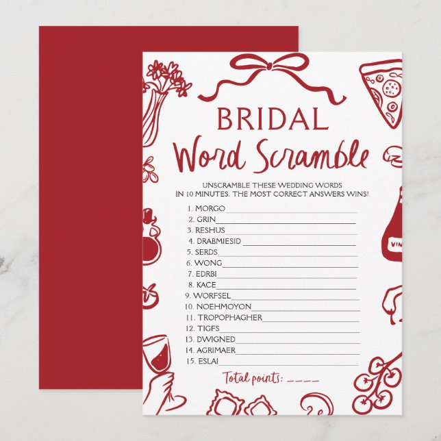 Red Italian Hand Drawn Bridal Word Scramble Game Invitation (Front/Back)