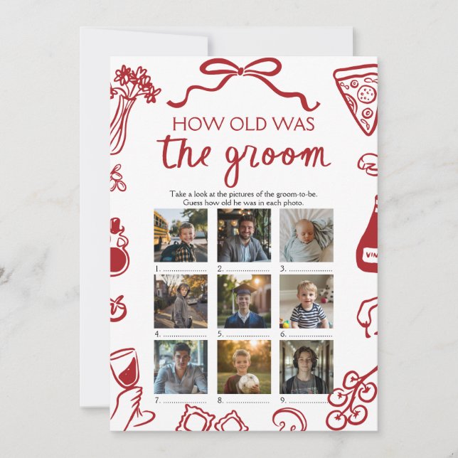 Red Italian Hand Drawn How Old Was The Groom Game Invitation (Front)