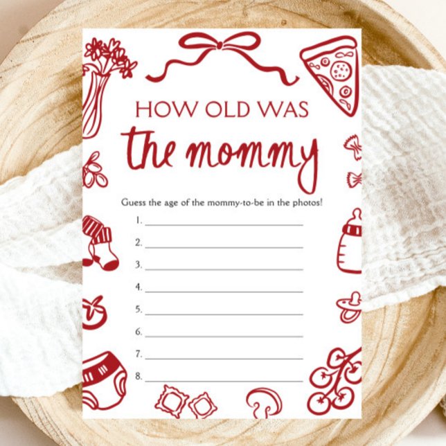 Red Italian Hand Drawn How Old Was The Mommy Game  Invitation (Red Italian Hand Drawn How Old Was The Mommy Game)