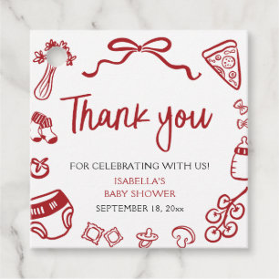 Red Italian Hand Drawn Pizza Baby Shower Thank you Favor Tags