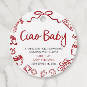 Red Italian Hand Drawn Pizza Ciao Baby Baby Shower Favor Tags