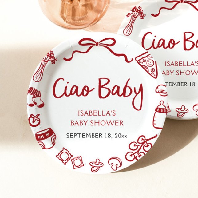 Red Italian Hand Drawn Pizza Ciao Baby Baby Shower Paper Plates (Red Italian Hand Drawn Pizza Ciao Baby Baby Shower Paper Plates)