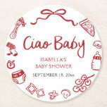 Red Italian Hand Drawn Pizza Ciao Baby Baby Shower Round Paper Coaster<br><div class="desc">🍕🎉 Add a slice of fun to your shower with our Red Italian Hand Drawn Pizza Ciao Baby Square Paper Coasters! Designed with rustic red-and-white pizza doodles, olive branches, and playful Italian details, these coasters are the perfect accent for your pizza-and-prosecco themed baby shower. ✨ Ideal for drink stations, dessert...</div>