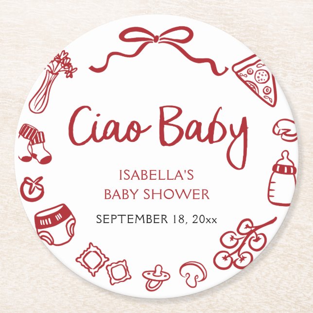 Red Italian Hand Drawn Pizza Ciao Baby Baby Shower Round Paper Coaster (Front)