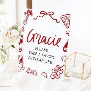 Red Italian Hand Drawn Pizza Pasta Favors Sign