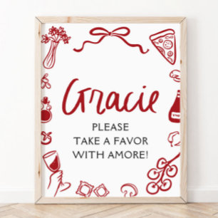 Red Italian Hand Drawn Pizza Pasta Favors Sign