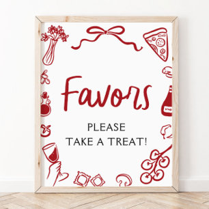Red Italian Hand Drawn Pizza Pasta Favors Sign