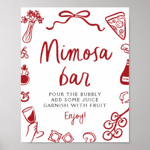 Red Italian Hand Drawn Pizza Pasta Mimosa Bar Sign