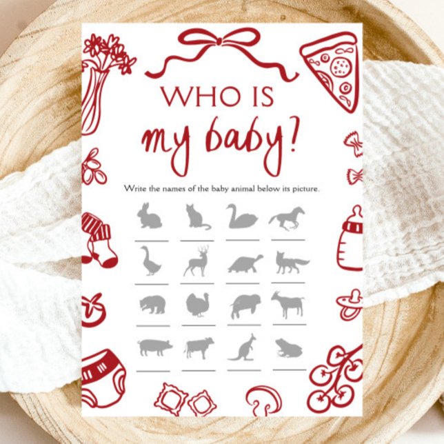 Red Italian Hand Drawn Pizza Who Is My Baby Game Invitation (Red Italian Hand Drawn Pizza Who Is My Baby Game)