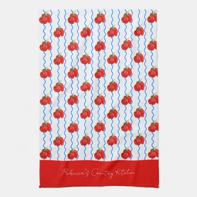  Red Italian Plum Tomatoes with Blue Wavy stripes Kitchen Towel (Vertical)