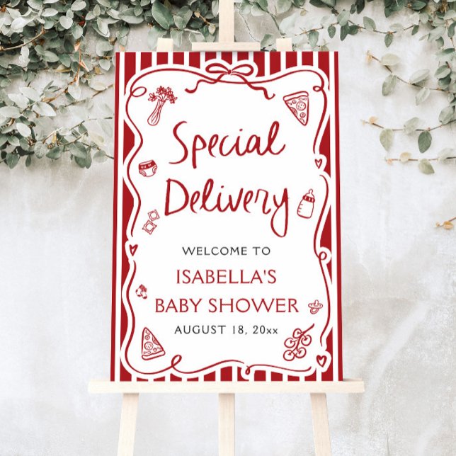 Red Italian Special Delivery Baby Shower Welcome Foam Board (Hand Drawn Italian Special Delivery Baby Shower Welcome Sign)